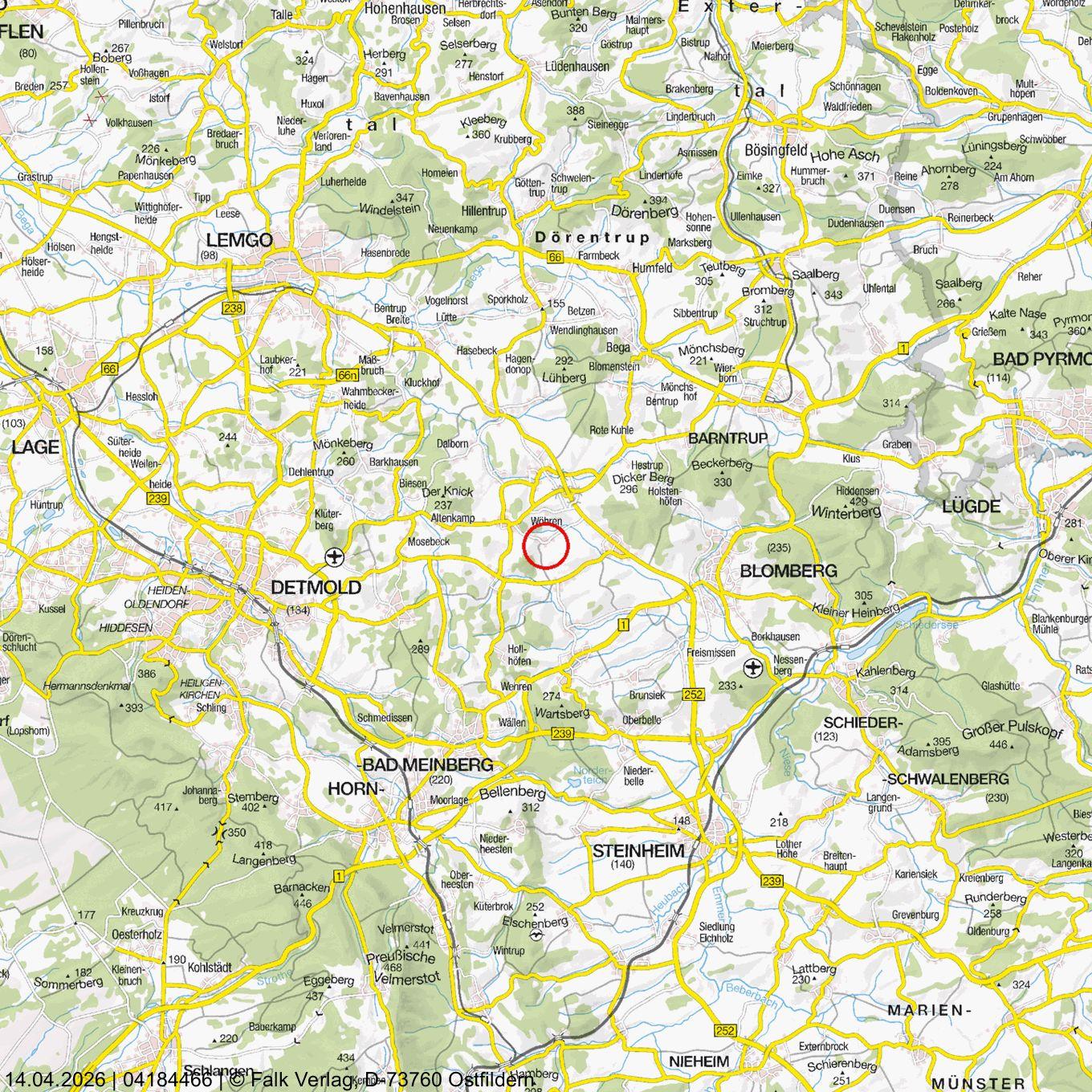 Lagekarte der Umgebung von Blomberg mit markierter Position in der Nähe von Würen, umgeben von Straßen und Ortschaften