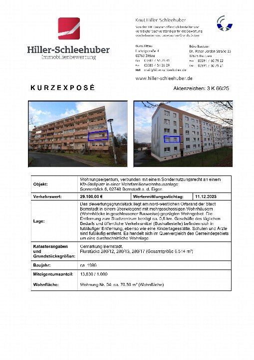 Dokumentenseite mit Kurzexposé einer Eigentumswohnung in Bernstadt a. d. Eigen, inklusive Fotos der Wohnanlage und Bewertungsdetails