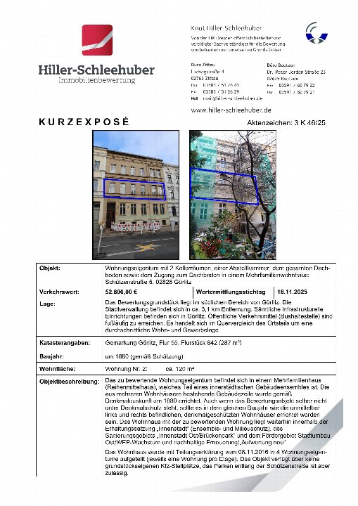 Dokumentenseite einer Immobilienbewertung für eine Eigentumswohnung in Görlitz, 02826. Enthält Objektbeschreibung, Lage, Verkehrswert und Bilder des Gebäudes mit markierter Wohnung
