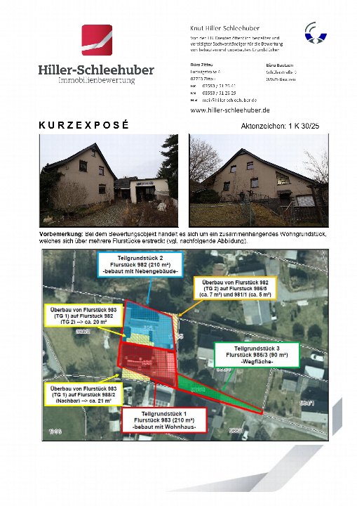 Dokumentenseite mit Immobilienbewertung von Hiller-Schleehuber, Karte eines zusammenhängenden Wohngrundstücks in Sohland an der Spree mit drei Teilgrundstücken und Gebäuden