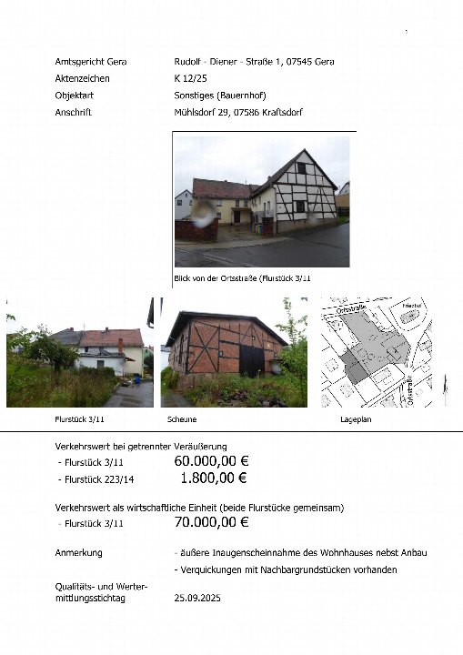 Dokumentenseite einer Zwangsversteigerung in Kraftsdorf, 07586, mit Fotos eines Fachwerkhauses und einer Scheune, Lageplan und Verkehrswerten für Flurstücke 3/11 und 223/14