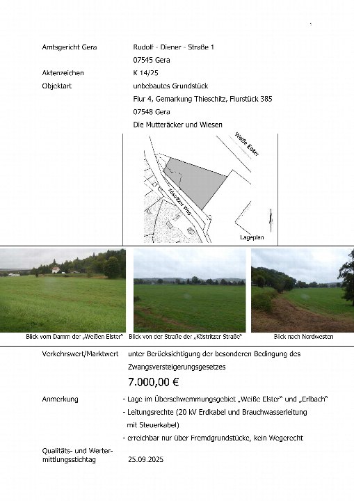 Dokumentenseite einer Zwangsversteigerung in Gera, 07548, für ein unbebautes Grundstück in Thieschitz, Flurstück 385, mit Lageplan und drei Fotografien des Geländes