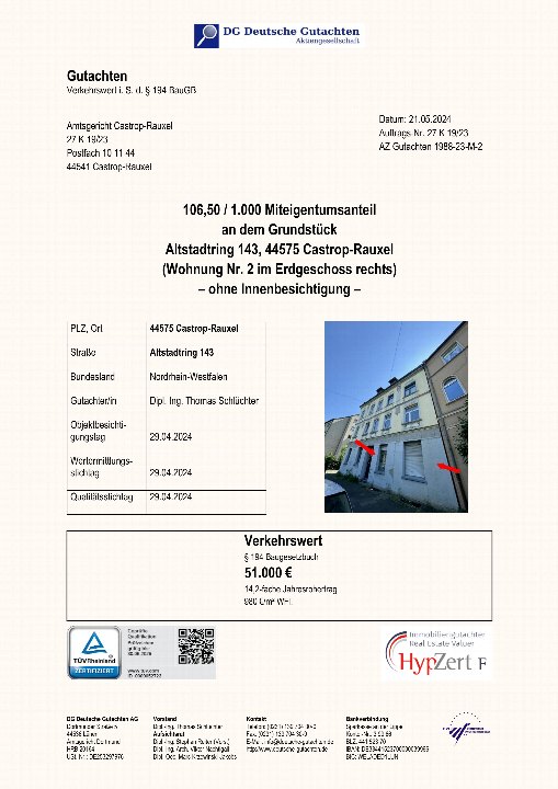Gutachten zur Zwangsversteigerung, Eigentumswohnung in Castrop-Rauxel, Altstadtring 143, 44575, Verkehrswert 51.000 €, ohne Innenbesichtigung