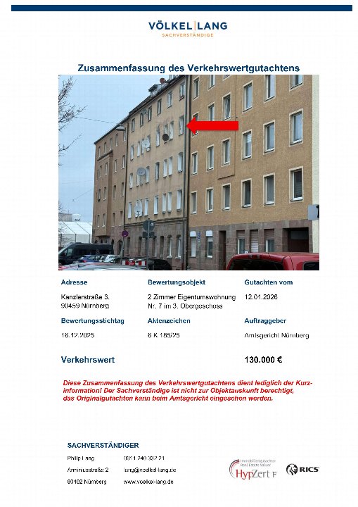 Zusammenfassung eines Verkehrswertgutachtens für eine Eigentumswohnung in Nürnberg, Kanzlerstraße 3, 90459. Bewertungsstichtag: 16.12.2025, Verkehrswert: 130.000 €
