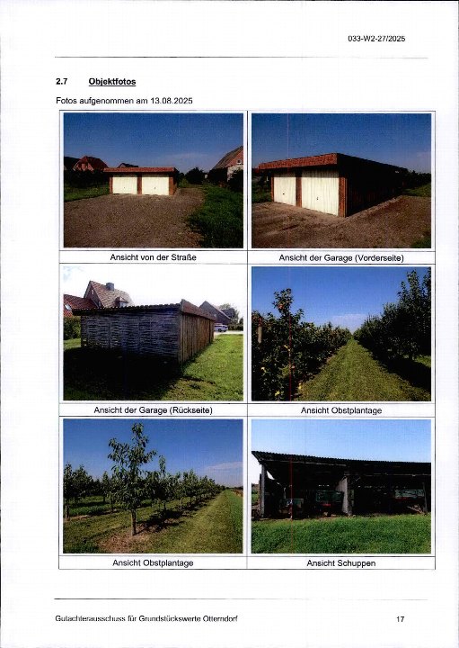 Sechs Fotos eines Grundstücks in Otterndorf vom 13.08.2025: Ansicht von der Straße, Garage (Vorder- und Rückseite), Obstplantage und Schuppen