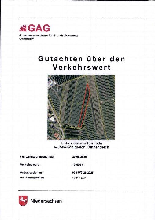Gutachten über den Verkehrswert für eine landwirtschaftliche Fläche in Jork-Königreich, Binnendeich, mit Wertermittlungsstichtag 20.08.2025 und Verkehrswert von 10.600 €