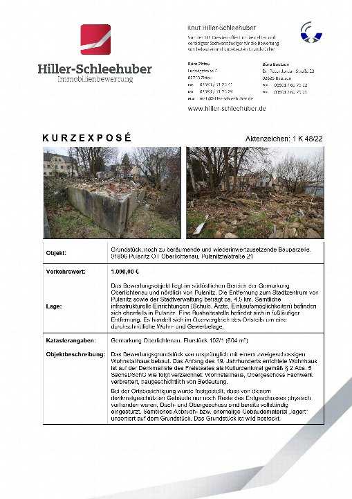 Dokumentenseite einer Immobilienbewertung für ein Grundstück in Pulsnitz, Pulsnitztalstraße 21, mit zwei Fotos der baufälligen Parzelle und Textfeldern zu Objekt, Verkehrswert