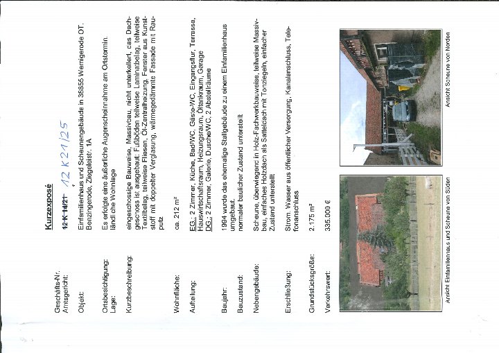 Dokumentenseite mit Beschreibung eines Einfamilienhauses in Wernigerode, 38855, inklusive zwei Fotos: Ansicht Scheune von Norden und Ansicht Einfamilienhaus und Scheune von Süden