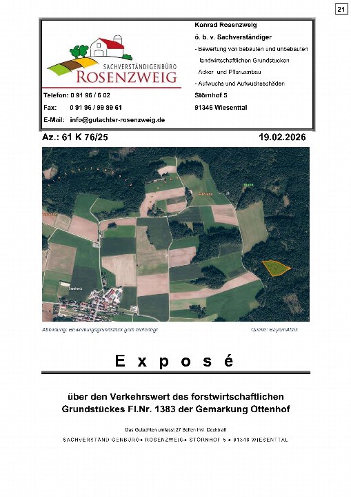 Dokumentseite mit Luftbild eines land- und forstwirtschaftlich genutzten Grundstücks in Ottenhof, gelb hervorgehoben, sowie Informationen zum Sachverständigenbüro Rosenzweig