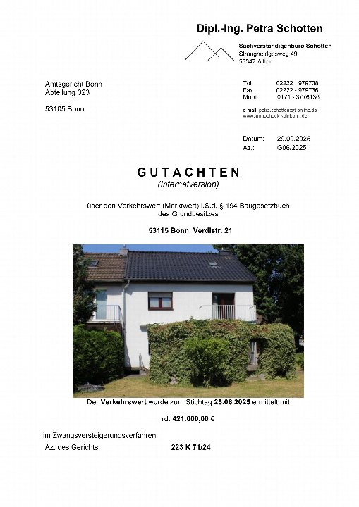 Dokumentenseite mit Gutachten über Verkehrswert eines Reihenhauses in Bonn, Verdistr. 21, im Zwangsversteigerungsverfahren, Stichtag 25.06.2025