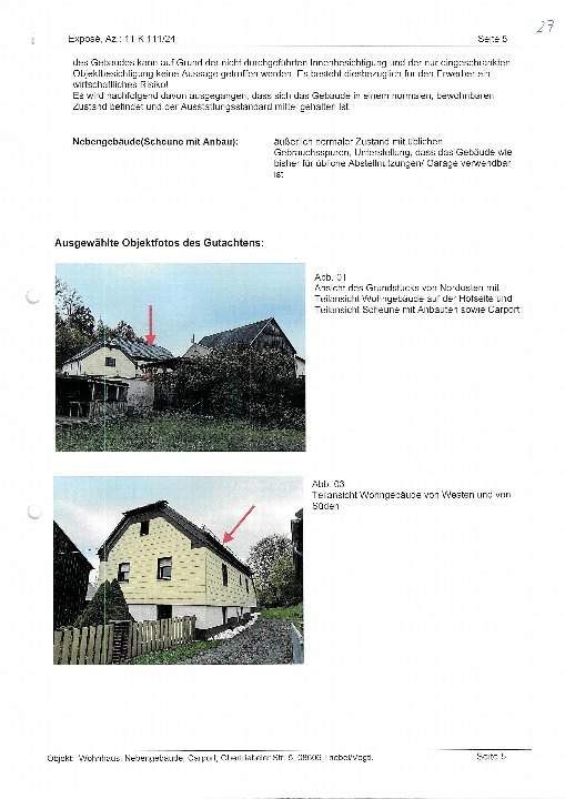 Dokumentenseite mit Objektfotos eines Wohnhauses und Nebengebäudes in Triebel, Obertriebeler Str. 5, inklusive Beschreibung und Abbildungsbezeichnungen