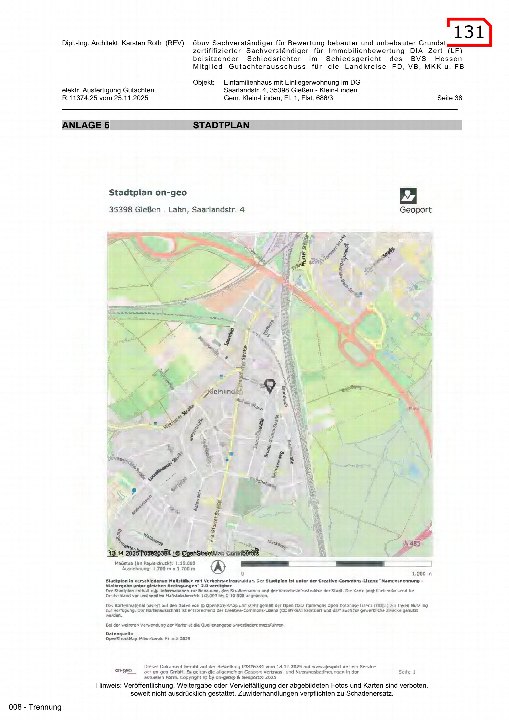 Stadtplan von Gießen, Saarlandstraße 4, 35398 Gießen. Lageplan mit Straßenverläufen und Umgebung. Dokument aus Zwangsversteigerungsunterlagen