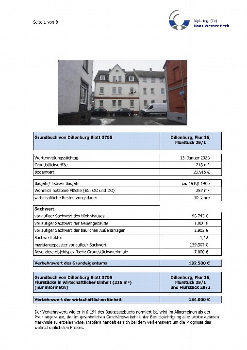 Dokumentenseite mit Immobilienbewertung für ein Mehrfamilienhaus in Dillenburg, Flur 16, Flurstück 29/1, Grundbuch Blatt 3795, Wertstellung vom 13. Januar 2026