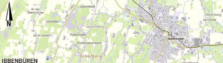 Lageplan der Stadt Ibbenbüren mit Umgebung, darunter Mettingen, Querenberg und Schaferberg, Straßenverläufe und Grundstücke