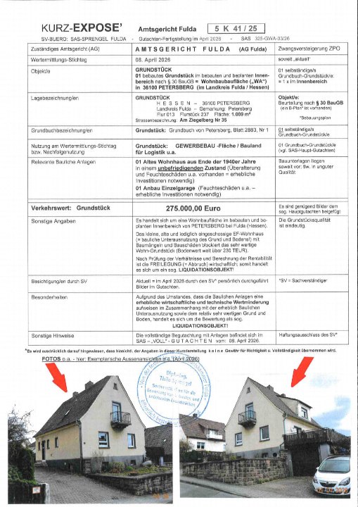 Dokumentenseite einer Zwangsversteigerung in Petersberg, 36100, Ziegelberg 35, mit Fotos eines Einfamilienhauses und Grundstücksdaten