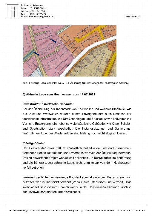 Auszug aus dem Bebauungsplan Nr. 58 - 4. Änderung für Eschweiler, zeigt Grundstücke in der Ardennenstraße 16 mit Pfeilen zur Kennzeichnung. Quelle: Geoportal Städteregion Aachen