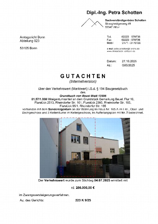 Dokumentenseite mit Gutachten über Verkehrswert eines Einfamilienhauses in Bonn, Rheindorfer Str. 165, im Zwangsversteigerungsverfahren