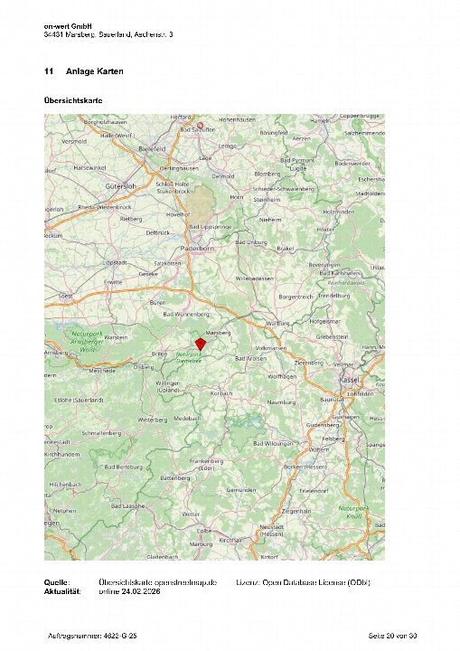 Übersichtskarte mit rotem Marker auf Marsberg, 34431, Aschenstr. 3, aus einem Zwangsversteigerungsunterlagen-Dokument. Quelle: openstreetmap.de, Stand 24.02.2026