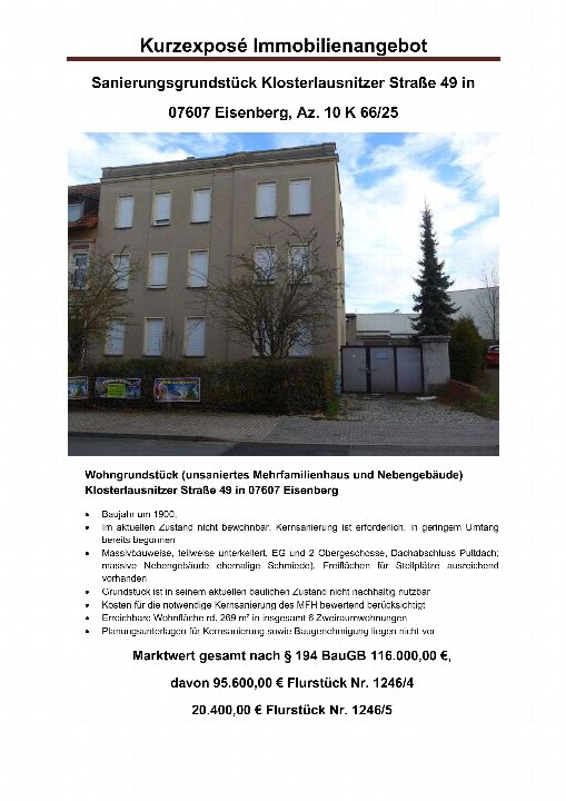 Dreigeschossiges Mehrfamilienhaus in Eisenberg, Klosterlausnitzer Straße 49, Baujahr um 1900, im Zustand einer Sanierungsmaßnahme