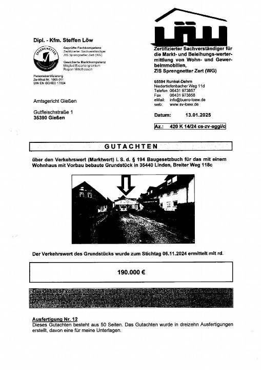 Gutachten über den Verkehrswert eines Grundstücks mit Wohnhaus in Linden, Breiter Weg 118c, vom 13.01.2025, ermittelt zum Stichtag 06.11.2024 mit rd. 190.000 €