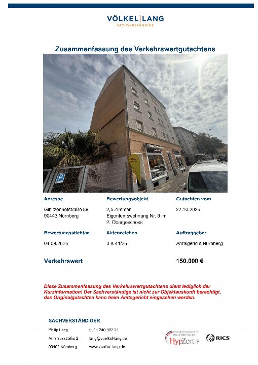 Dokumentenseite mit Zusammenfassung eines Verkehrswertgutachtens für eine Eigentumswohnung in Nürnberg, Gibitzenhofstraße 89, mit Foto des Gebäudes und Bewertungsinformationen