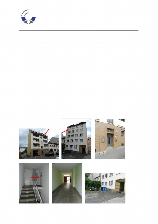 Mehrfamilienhaus in Nürnberg, Peter-Henlein-Str. 19, mit Außenansichten, Eingangsbereich, Treppenhaus und Innenkorridor. Gebäude mit markierten Eingängen und Mülltonnen im Hof
