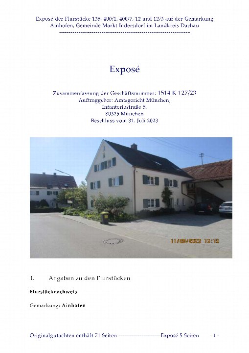 Titelseite eines Exposés zur Zwangsversteigerung von Flurstücken in Ainhofen, Markt Indersdorf, Landkreis Dachau, mit Foto eines Wohnhauses und Angaben zum Amtsgericht München