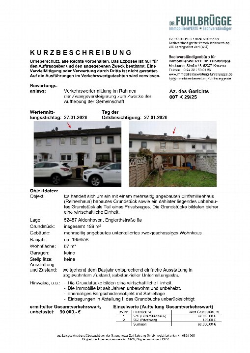 Dokumentenseite einer Verkehrswertermittlung für ein Einfamilienhaus in Aldenhoven, Englerthstraße 8a, mit zwei Fotos des Gebäudes und Grundstücks