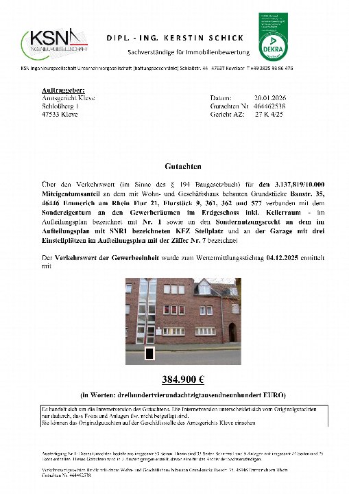 Erste Seite eines Gutachtens zur Immobilienbewertung für ein Wohn- und Geschäftshaus in Emmerich am Rhein, mit Angaben zum Verkehrswert, Auftraggeber und Sachverständigen