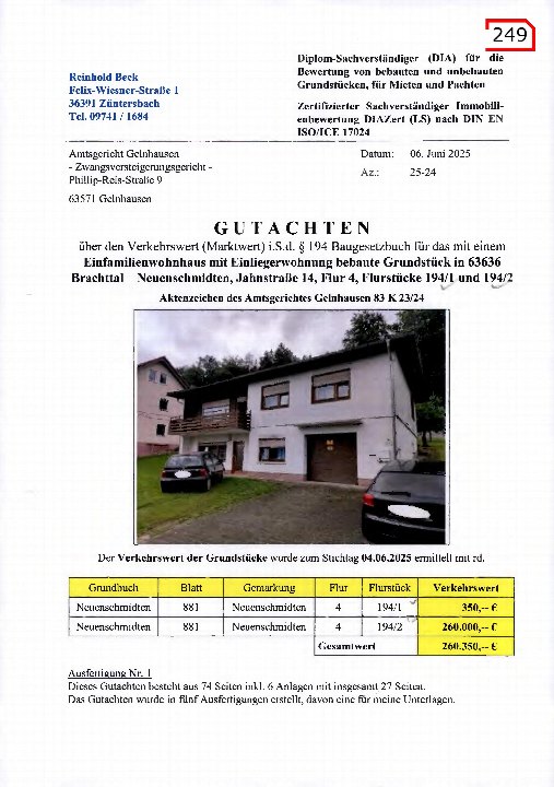 Gutachten über den Verkehrswert eines Grundstücks mit Einfamilienhaus in Brachttal-Neuenschmidten, Jahnstraße 14, Flur 4, Flurstücke 194/1 und 194/2, ermittelt am 04.06.2025
