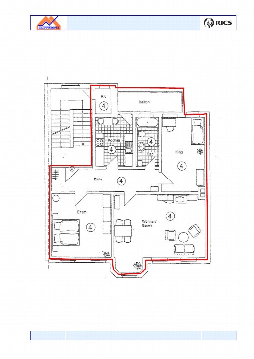 Grundriss einer Eigentumswohnung in Zwickau, Kaiserstraße 2, mit Wohnen/Essen, zwei Schlafzimmern, Küche, Bad, Diele und Balkon. Raumzahlen mit '4' markiert