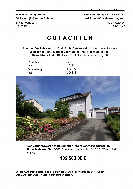 Dokumentenseite mit Gutachten über Mehrfamilienhaus in Hof, Quetschenweg 86, inklusive Foto des Gebäudes mit Vorgarten und Einfahrt
