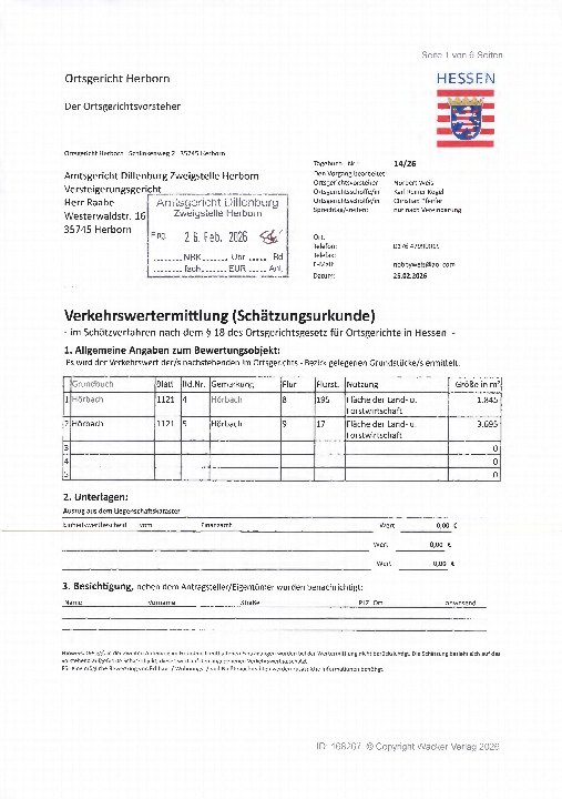 Verkehrswertermittlung für land- und forstwirtschaftlich genutztes Grundstück in Hörbach, Ortsgemeinde Herborn, 35745, im Rahmen eines Zwangsversteigerungsverfahrens