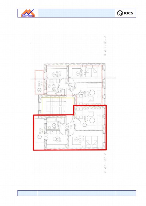 Grundriss einer Eigentumswohnung in Plauen, Straßberger Straße 90, mit markierter Wohnungseinheit, Flur, Wohnzimmer, Schlafzimmer, Küche, Bad und Balkon. Gesamtfläche 52,85 m²