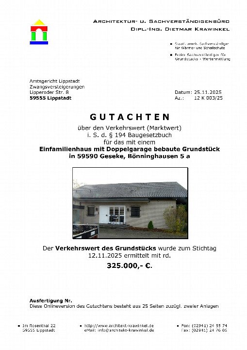 Gutachten über den Verkehrswert eines Einfamilienhauses mit Doppelgarage in 59590 Geseke, Bönninghausen 5a, ausgestellt am 25.11.2025