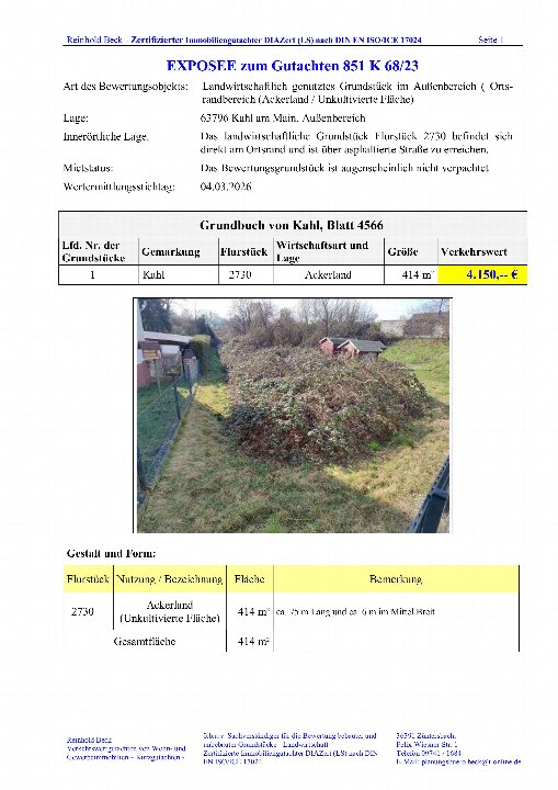 Dokumentenseite mit Bewertungsdaten für landwirtschaftlich genutztes Grundstück in Kahl am Main, Flurstück 2730, 414 m² Ackerland, Verkehrswert 4.150 €, Foto des Grundstücks mit