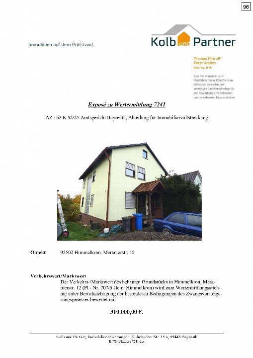 Dokumentenseite mit Foto eines Einfamilienhauses in Himmelkron, Meranierstraße 12, für Zwangsversteigerung. Bewertung durch Kolb und Partner