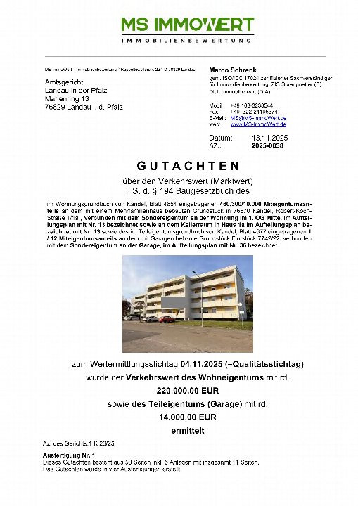 Dokumentenseite mit Gutachten über Verkehrswert einer Eigentumswohnung in Kandel, Robert-Koch-Straße, mit Foto eines Mehrfamilienhauses