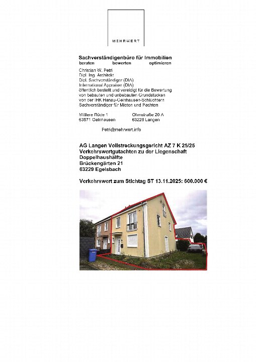 Doppelhaushälfte in Egelsbach, Brückengärten 21, 63229, aus einem Zwangsversteigerungsverfahren. Verkehrswert zum Stichtag 13.11.2025: 600.000 €
