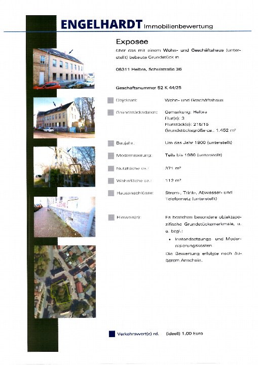 Dokumentenseite mit Immobilienbewertung für Wohn- und Geschäftshaus in Helbra, Schulstraße 36, inklusive Fotos und Grundstücksdaten