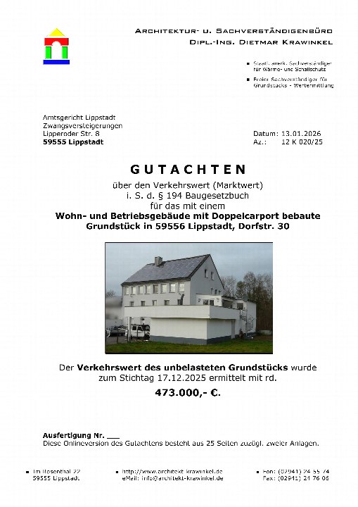 Dokumentenseite mit Gutachten über Verkehrswert eines Wohn- und Betriebsgebäudes mit Doppelcarport in Lippstadt, Dorfstr. 30, inklusive Foto des Gebäudes