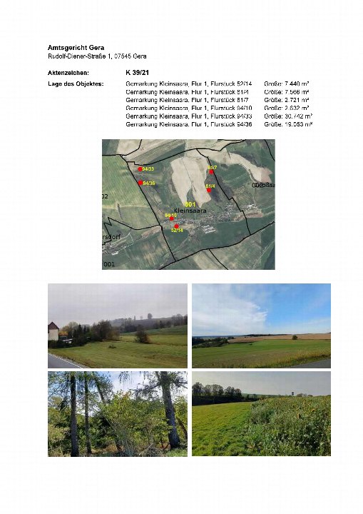 Dokumentenseite mit Lageplan und Fotos von landwirtschaftlich genutztem Grundstück in Kleinsaara, Gemarkung Kleinsaara, Flur 1, Flurstücke 52/14, 81/4, 81/7, 94/10, 94/33, 94/36