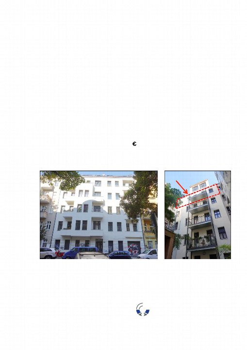Zwei Ansichten eines weißen Mehrfamilienhauses in Berlin, Tellstraße 10, mit Balkonen und Fenstern; rechte Ansicht zeigt oberste Etage mit roter Markierung