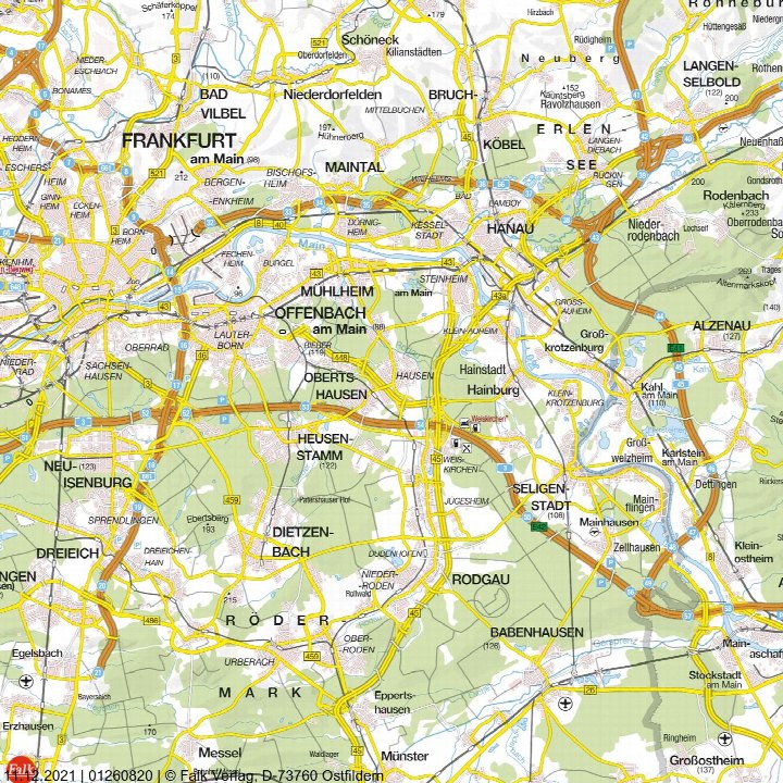 Karte der Region um Frankfurt am Main mit markierter Lage von Hausen, Ortsteil von Offenbach am Main, im Rhein-Main-Gebiet