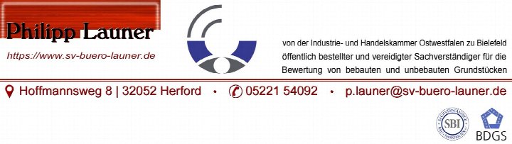 Kontaktinformationen von Philipp Lauener, Sachverständiger für Grundstücksbewertung, mit Adresse in Herford, Telefonnummer und E-Mail. Logo und Zertifizierungen von SBI und BDGS