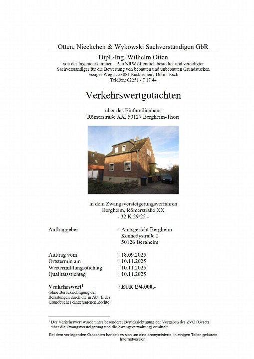 Verkehrswertgutachten für Einfamilienhaus in Bergheim, Römerstraße XX, im Zwangsversteigerungsverfahren, mit Foto des Hauses