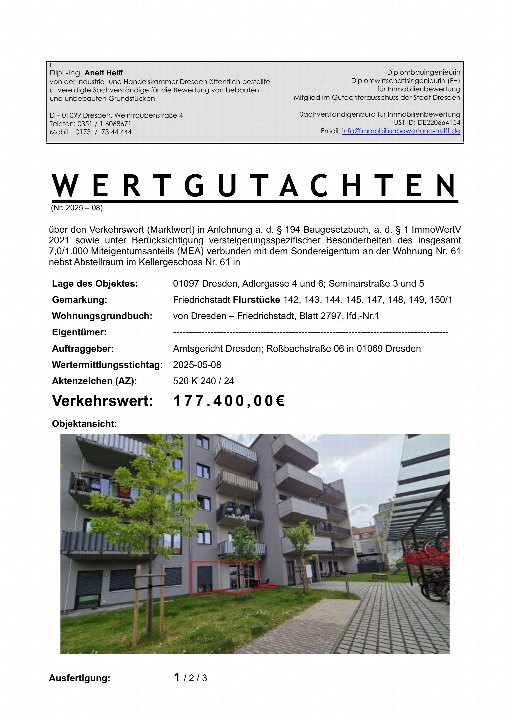 Wertgutachten für eine Eigentumswohnung in Dresden, Weintraubenstraße 4, mit Objektansicht eines mehrstöckigen Wohngebäudes und angrenzender Grünfläche