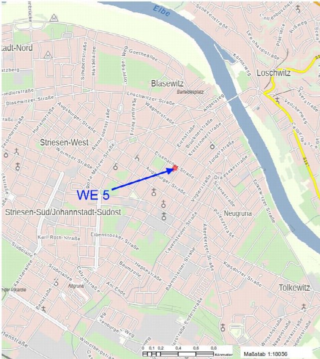Karte von Dresden, Stadtteil Blasewitz, mit Markierung der Eisenacher Straße 28, Postleitzahl 01277, im Bereich Striesen-West und Neugruna