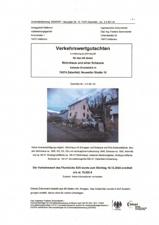 Erste Seite eines Verkehrswertgutachtens für ein Wohnhaus mit Scheune in Zaberfeld, Neuweiler Straße 10, mit Grundstücksangaben und Bewertung zum 18.12.2024