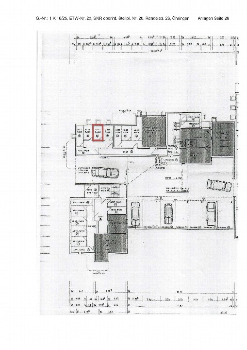 Grundrisszeichnung eines Grundstücks in Öhringen, Rendelstraße 23/25, mit Gebäuden, Räumen und Parkplätzen, aus einem Zwangsversteigerungsverfahren